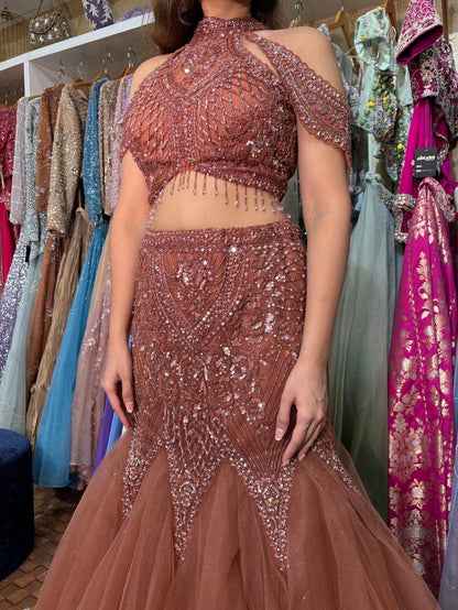 Rust Peach Embroidered Fish Cut Lehenga