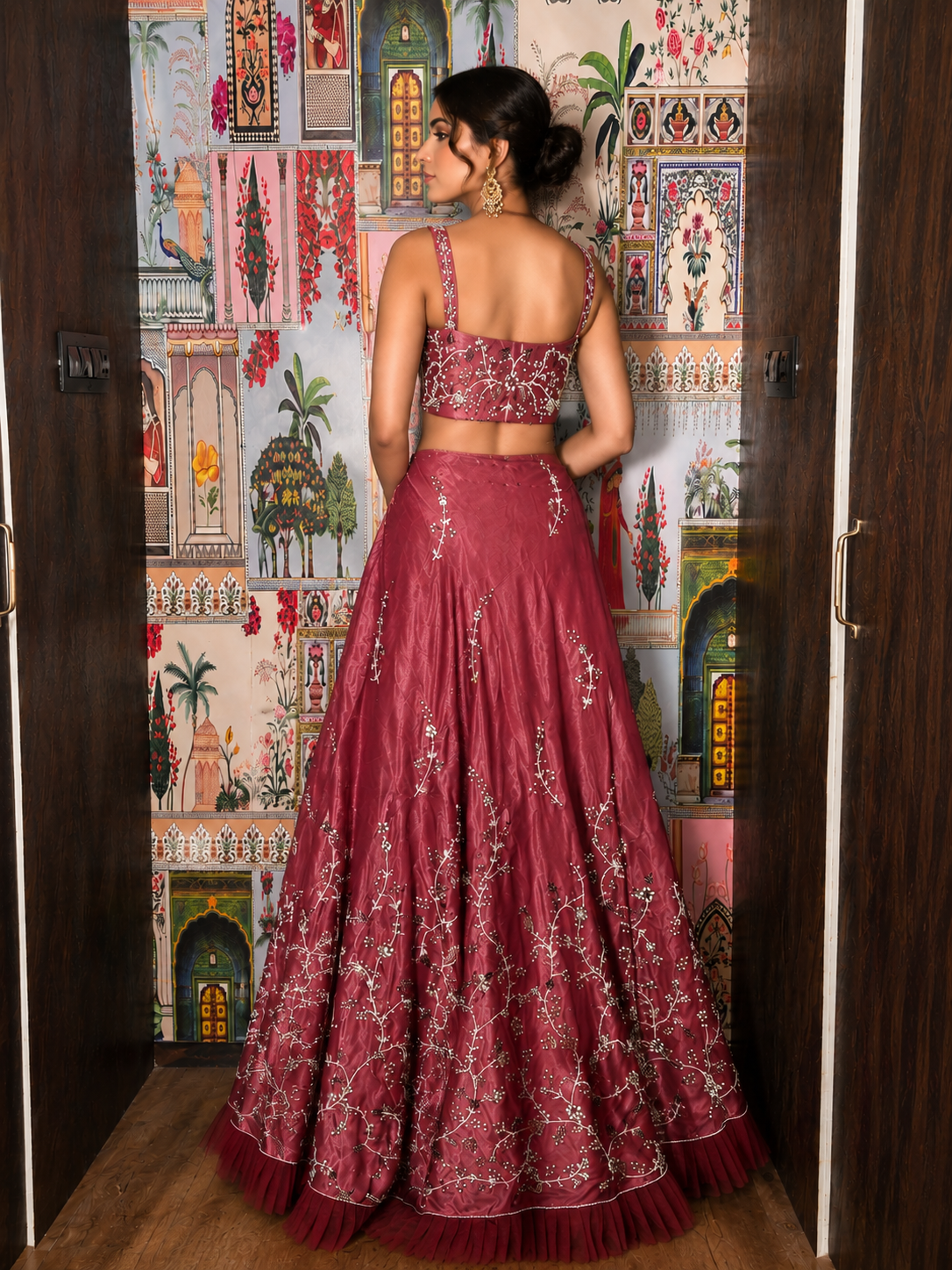 Rosewood Hand-Embroidered Glass Organza Lehenga Set