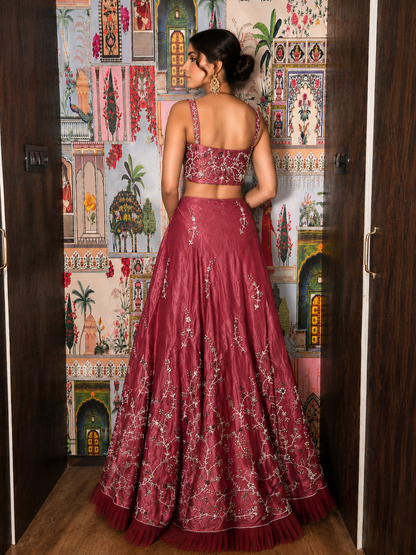 Rosewood Hand-Embroidered Glass Organza Lehenga Set