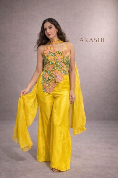 Yellow Asymmetrical Blouse with Palazzo Pants