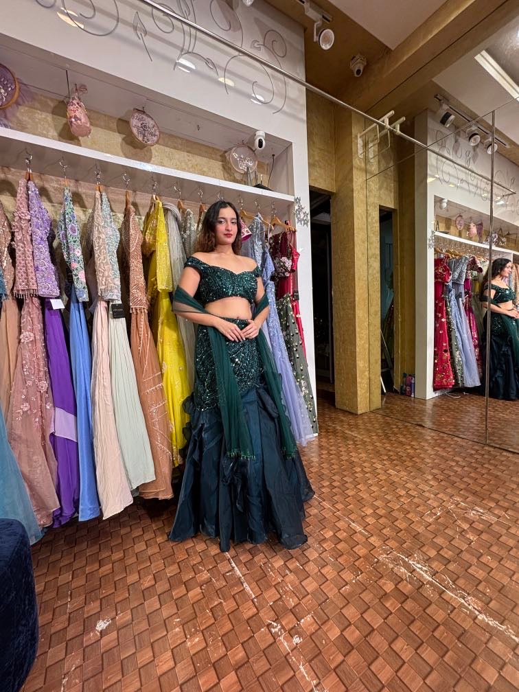 Botal green fish cut lehenga