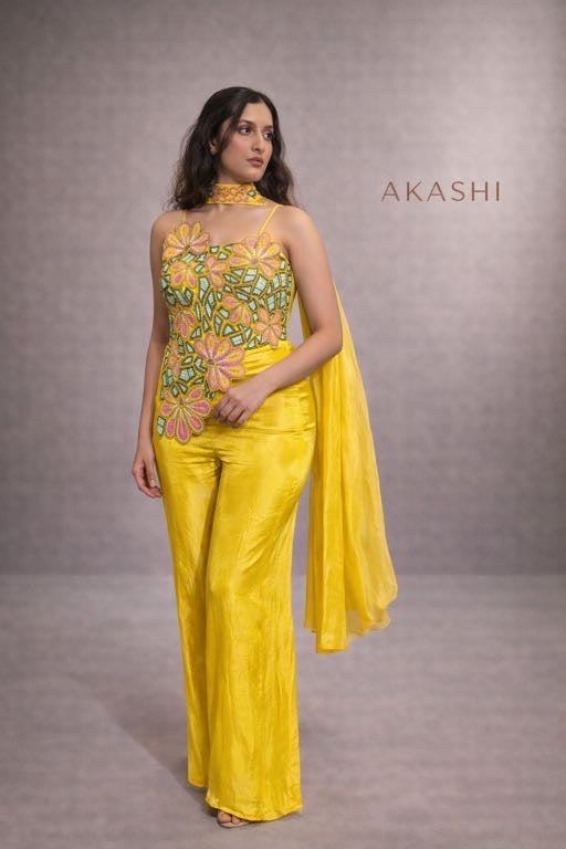 Yellow Asymmetrical Blouse with Palazzo Pants