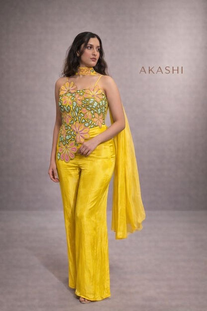 Yellow Asymmetrical Blouse with Palazzo Pants