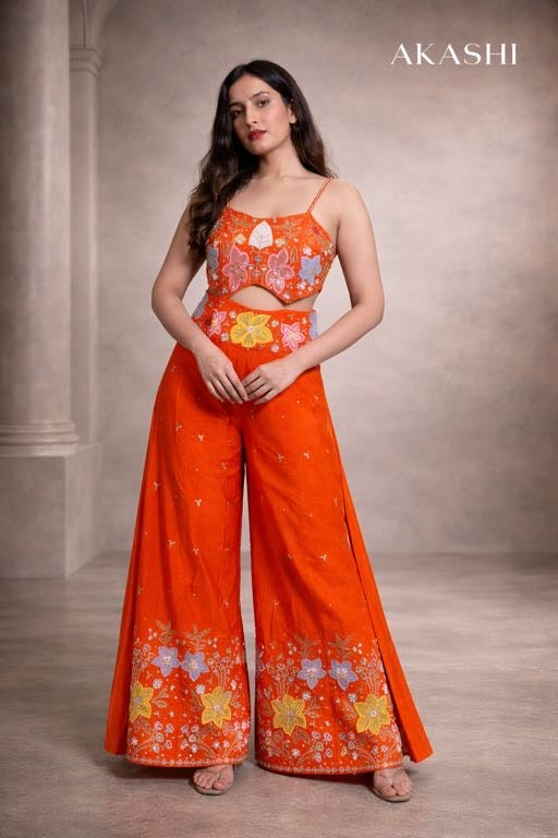 Orange Raw Silk Appliqué Work Jumpsuit
