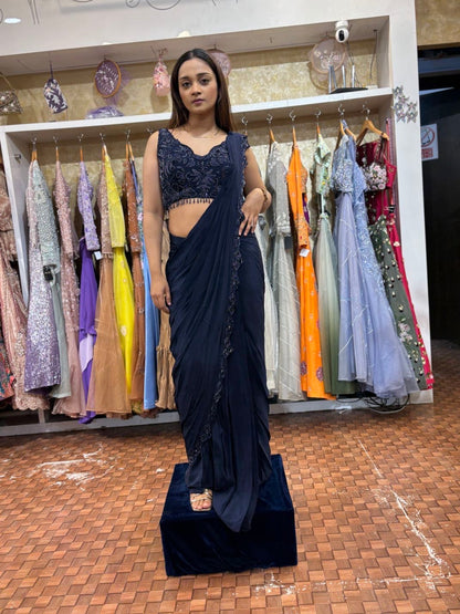 Midnight blue pleated saree