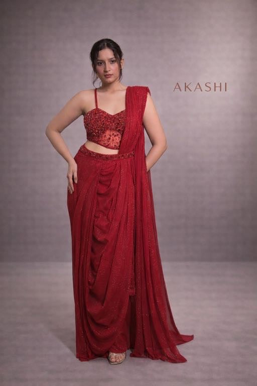 Red Beads & Crystal Ready Saree