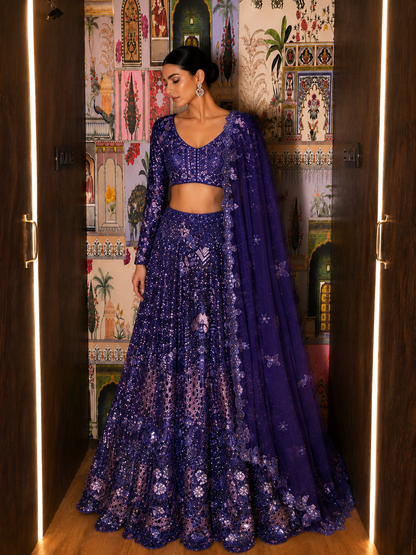 Purple Hand-Embroidered Lehenga Choli with Intricate Cutwork & Motif Detailing
