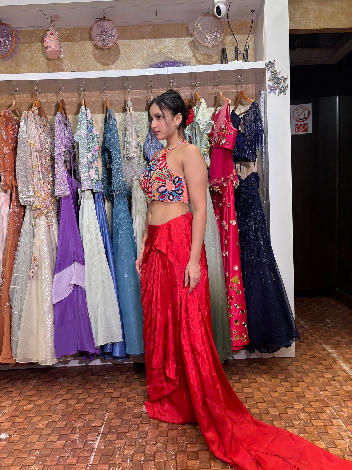 Red Dhoti Skirt with Incut Blouse