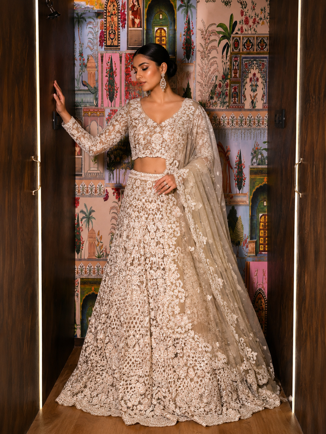 Champagne Étoile Hand-Embroidered Net Lehenga Set