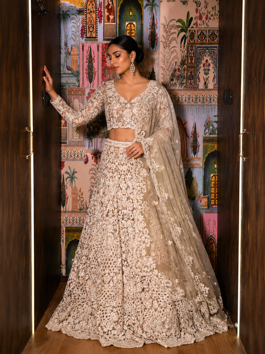 Champagne Étoile Hand-Embroidered Net Lehenga Set