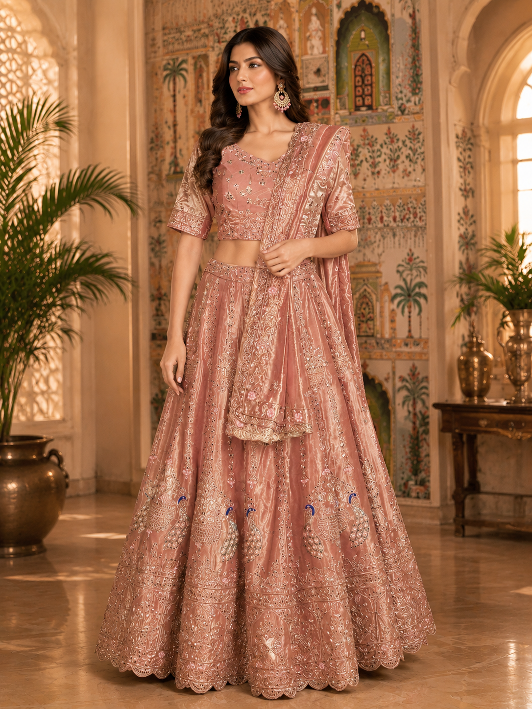 Rose Blush Peacock Heritage Tissue Lehenga Set