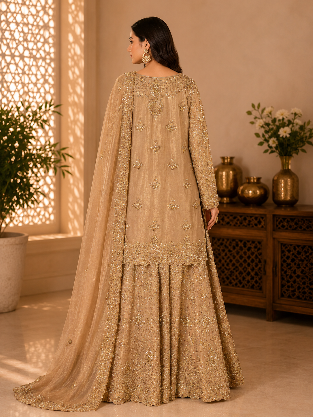 Champagne Royale Hand-Embroidered Vintage Gold Tissue Sharara Set