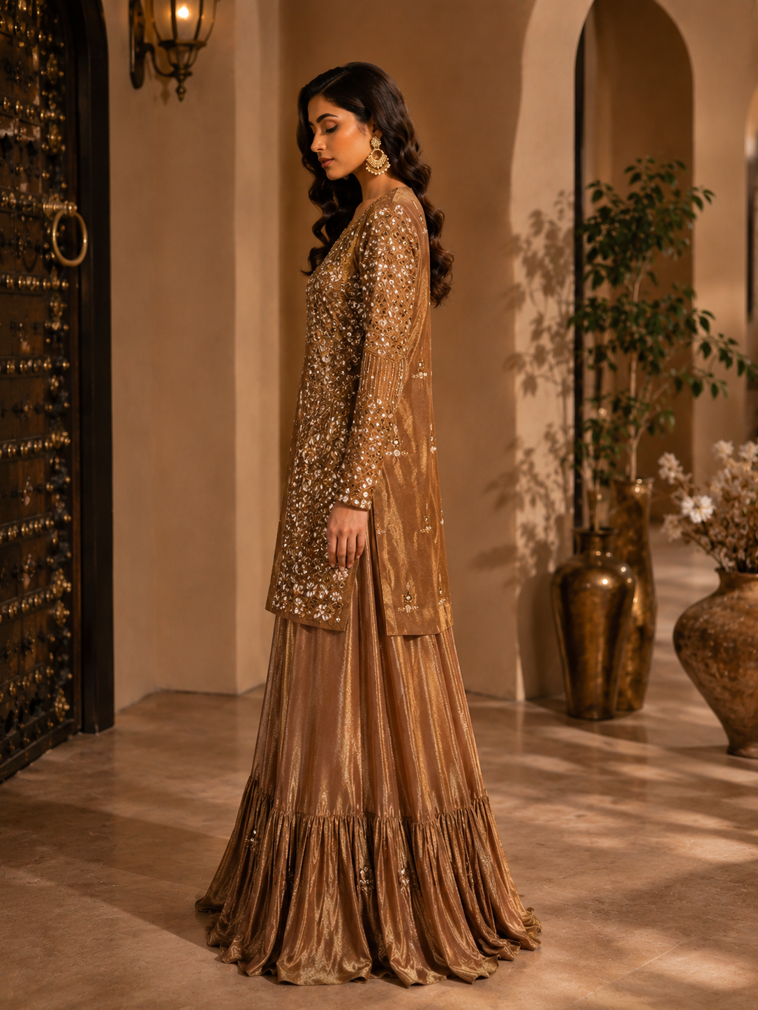 Burnished Gold Hand-Embroidered Kurti with Farsi Lehenga & Dupatta in Tissue