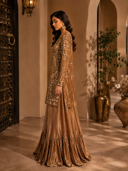 Burnished Gold Hand-Embroidered Kurti with Farsi Lehenga & Dupatta in Tissue