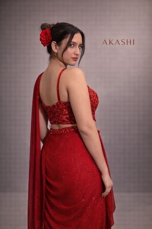 Red Beads & Crystal Ready Saree