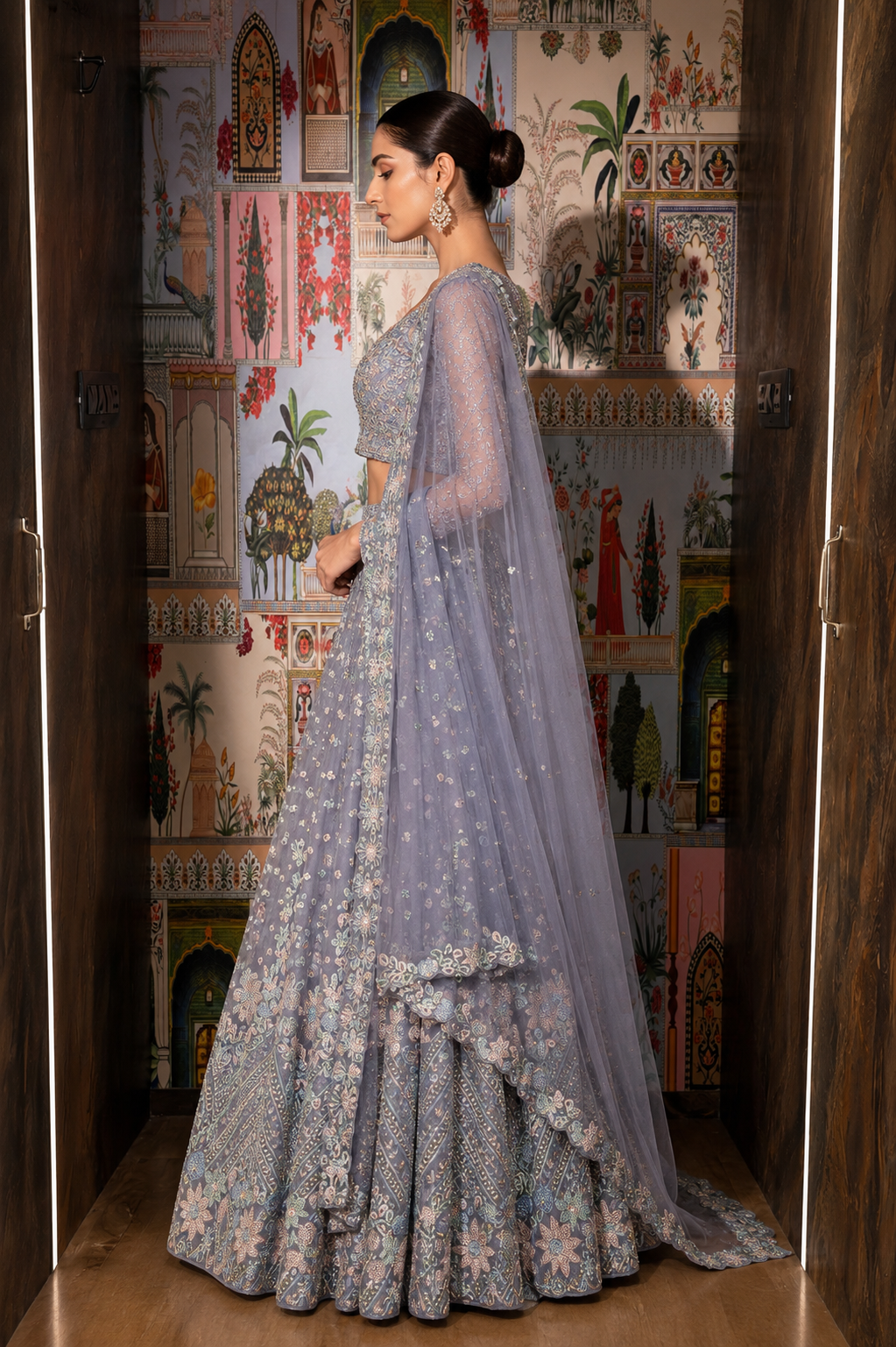 Lilac Blue Hand-Embroidered Organza Lehenga Set