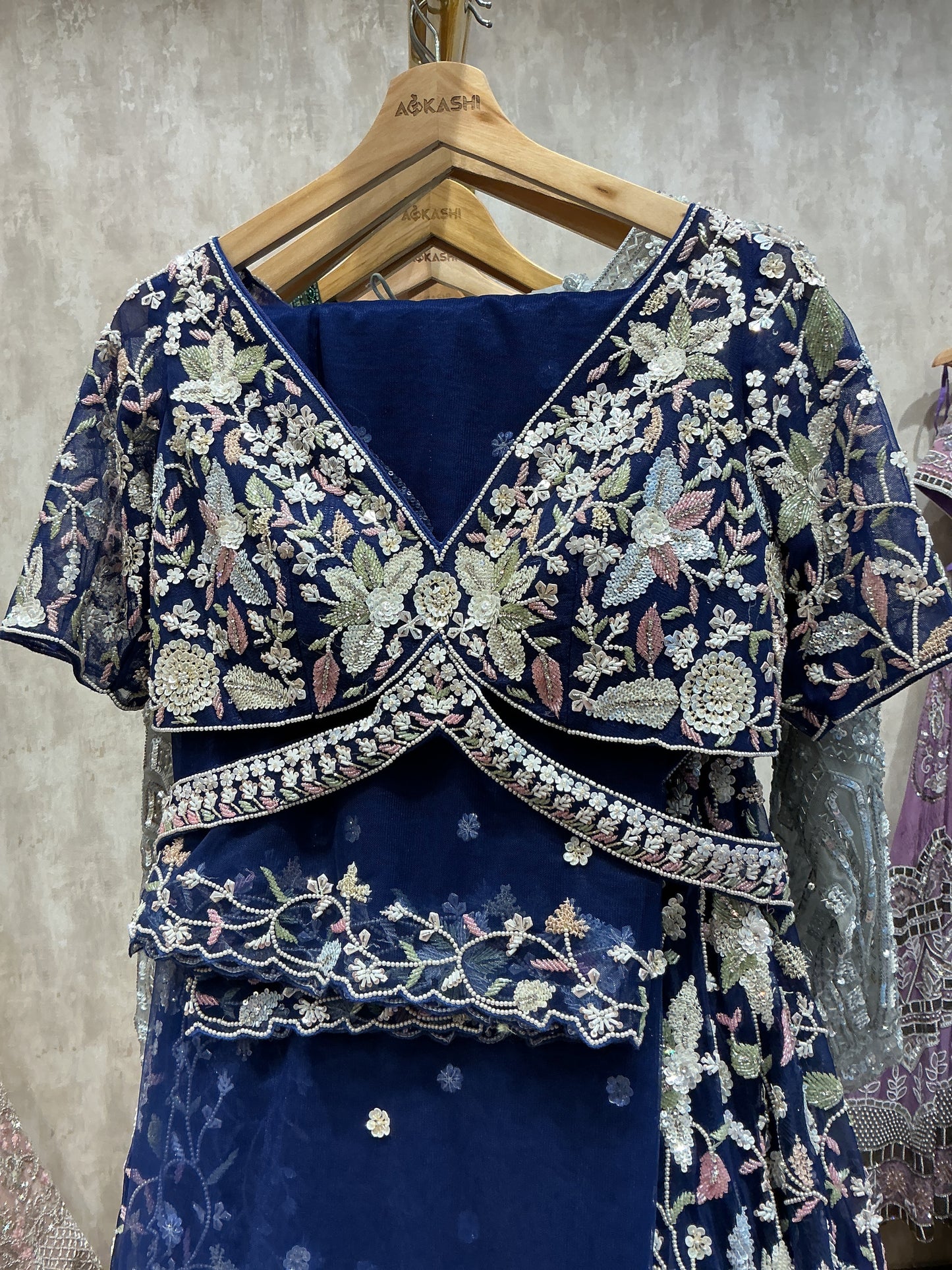 Navy Blue Multicoloured Hand-Embroidered Lehenga Set