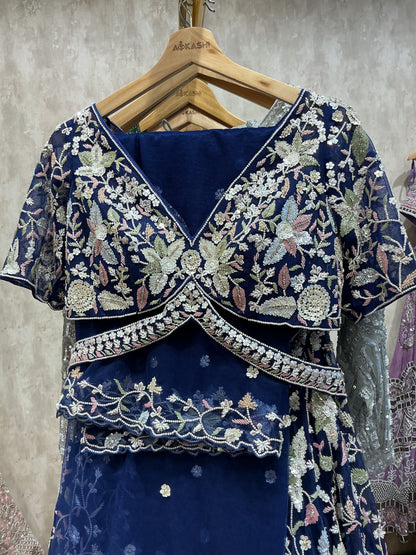 Navy Blue Multicoloured Hand-Embroidered Lehenga Set
