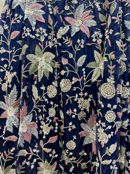 Navy Blue Multicoloured Hand-Embroidered Lehenga Set