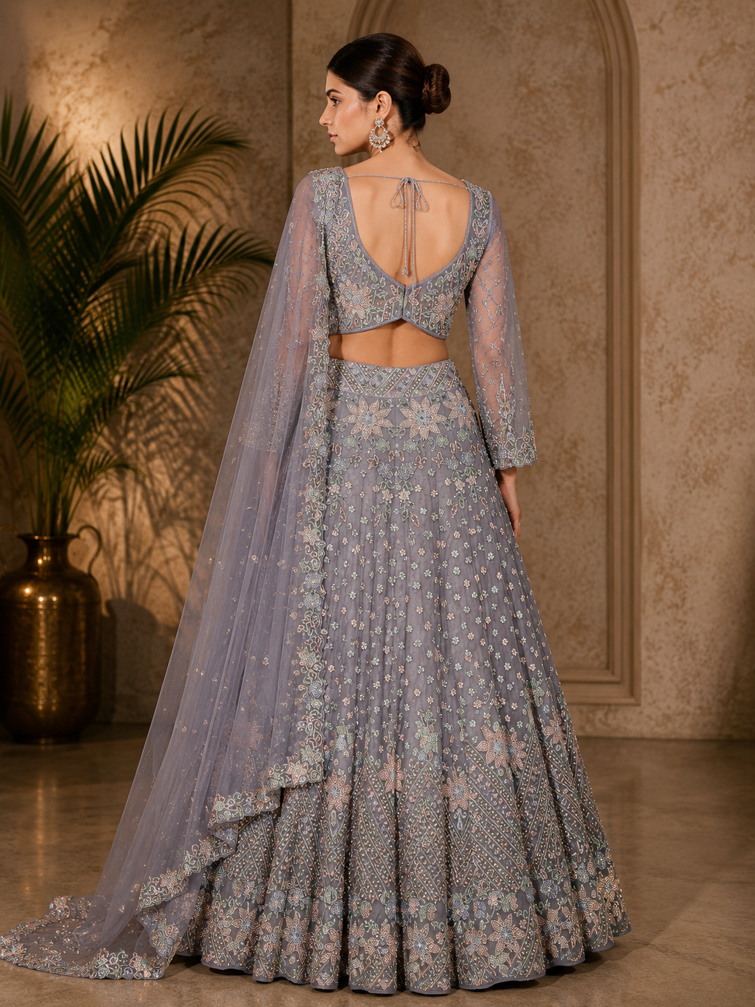 Lilac Blue Hand-Embroidered Organza Lehenga Set