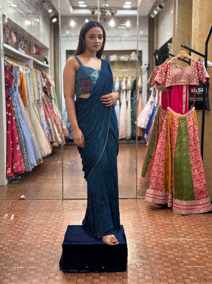 Peacock blue drape saree