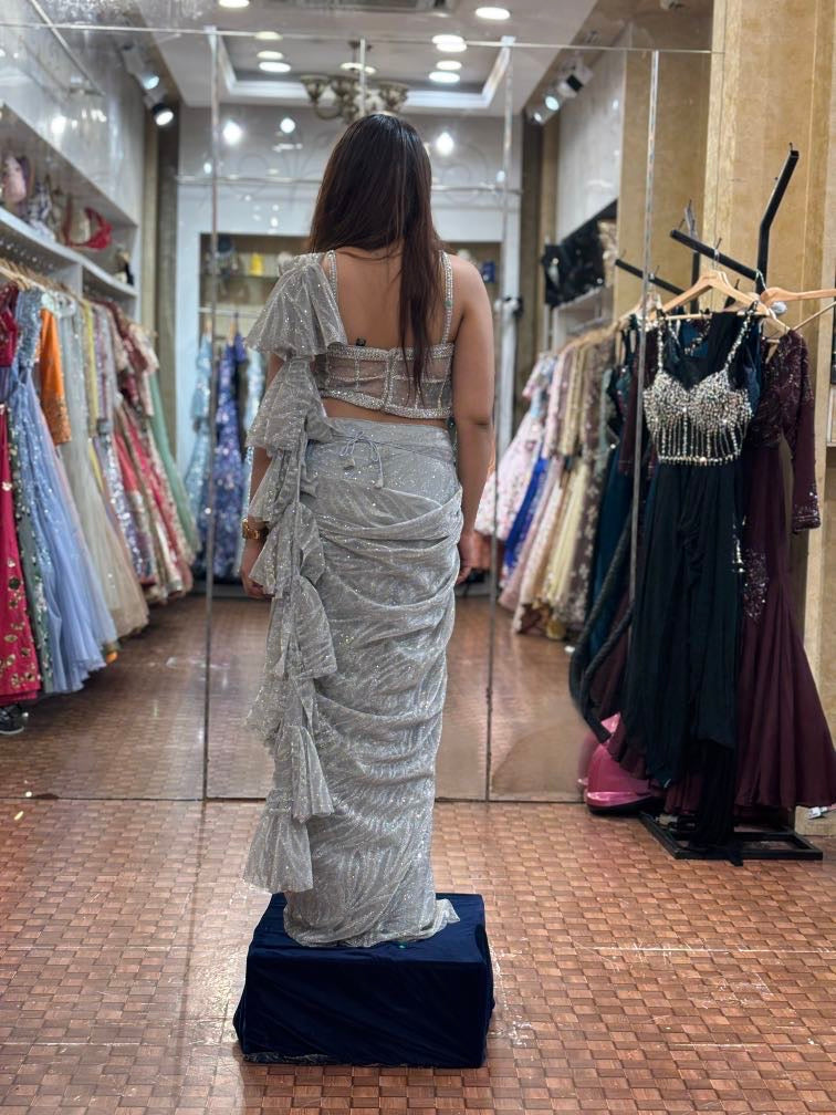 Simmering Silver pleated saree with corset blouse