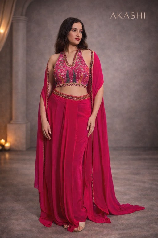 Hot pink halter neck saree with hand work blouse