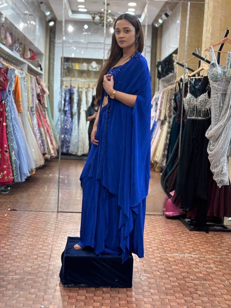 Electric blue drape skirt top and cape