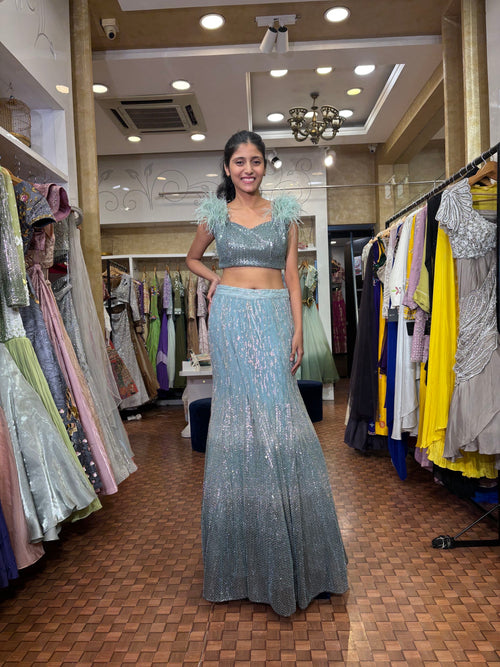 Sea green fish-cut Lehenga