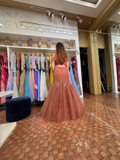 Rust Peach Embroidered Fish Cut Lehenga