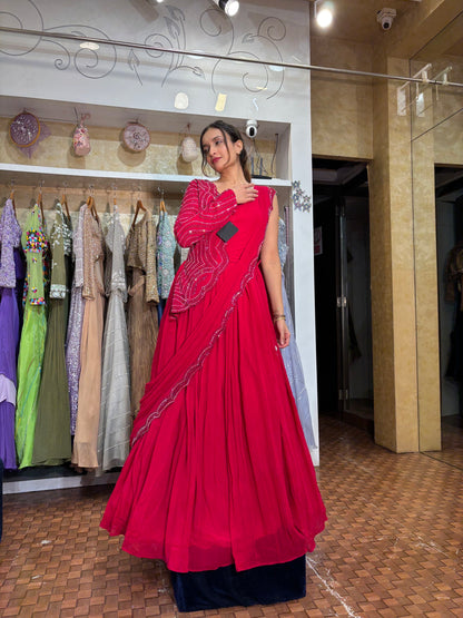 Red stylish gown with drape