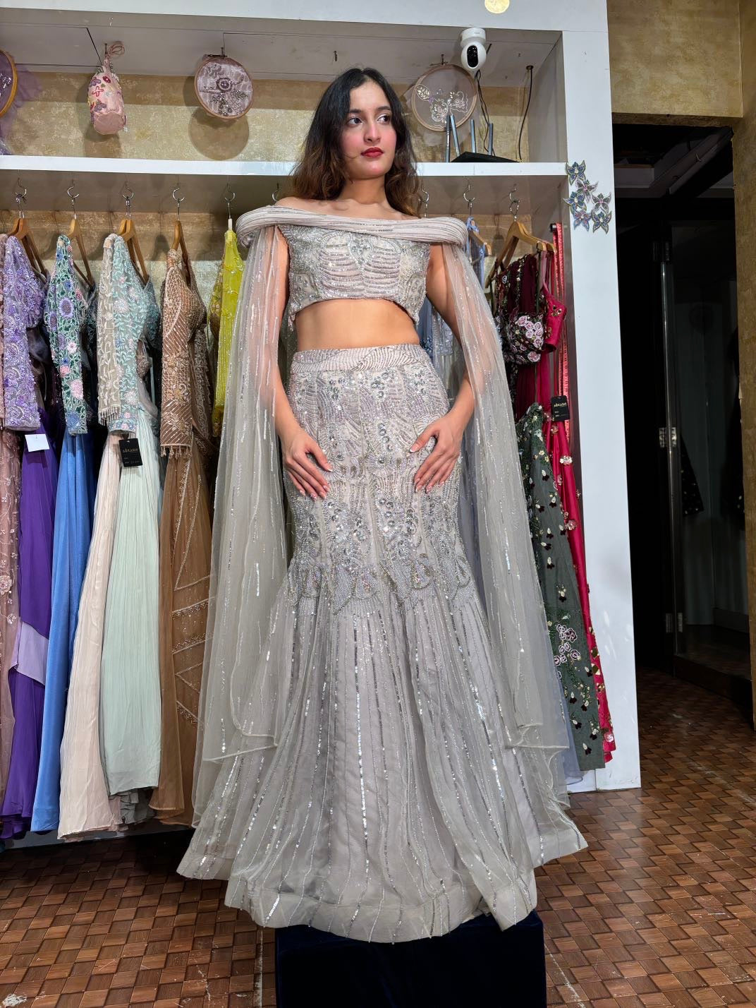 Grey silver fish cut Lehenga