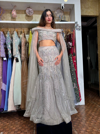 Grey silver fish cut Lehenga