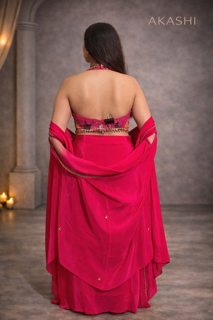 Hot pink halter neck saree with hand work blouse
