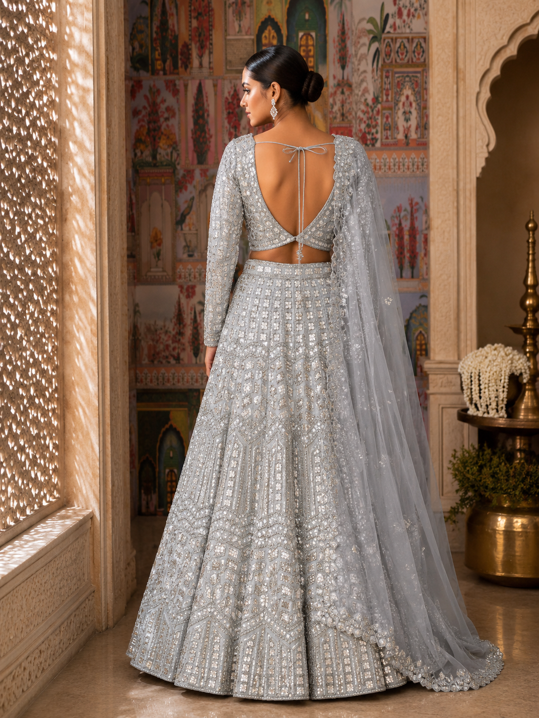 Frosted Pearl Mirrorwork Net Lehenga Set