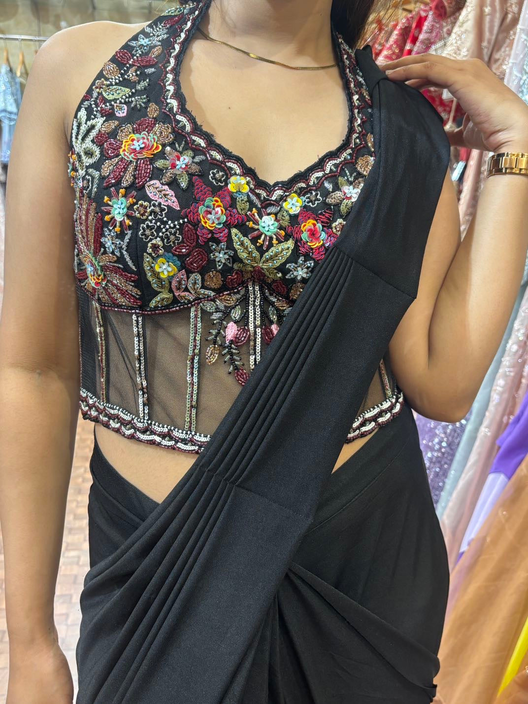 Black corset blouse and black imported Lycra saree