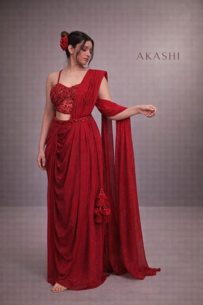 Red Beads & Crystal Ready Saree