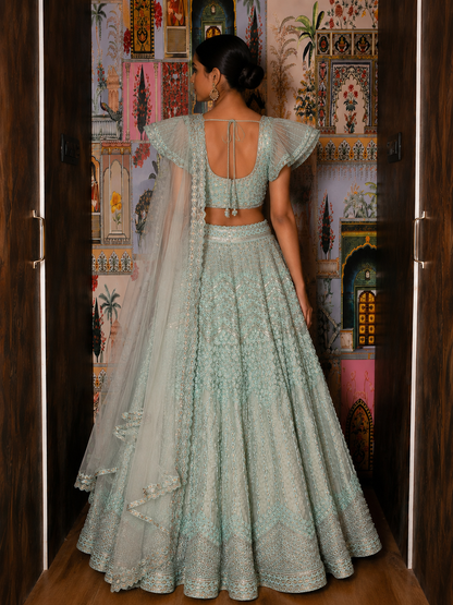 Celestial Mint Hand-Embroidered Organza Lehenga Set