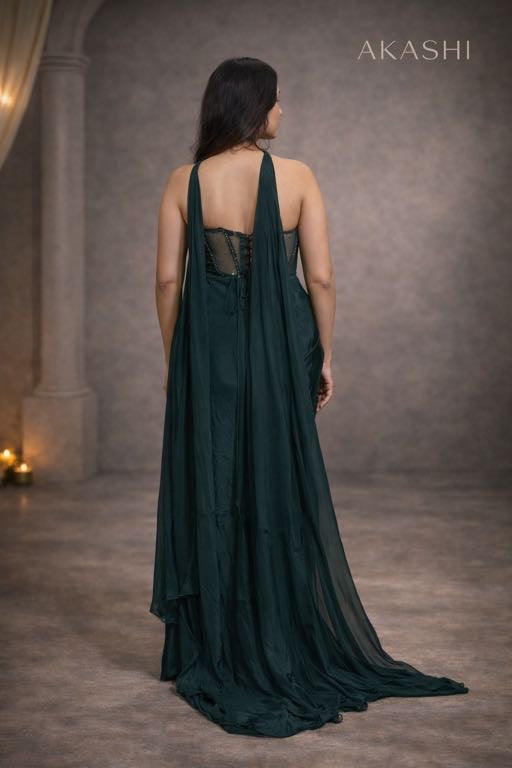 Emerald green Side slit dhoti skirt with corset blouse