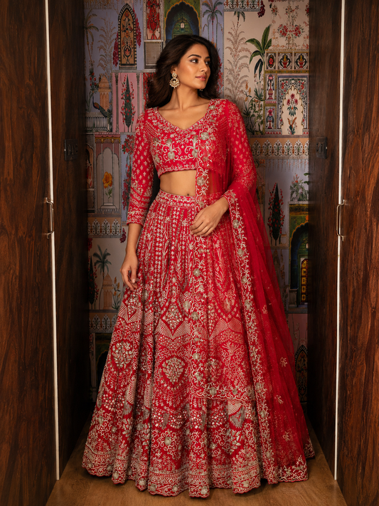 Royal Crimson Heritage Raw Silk Lehenga    Set