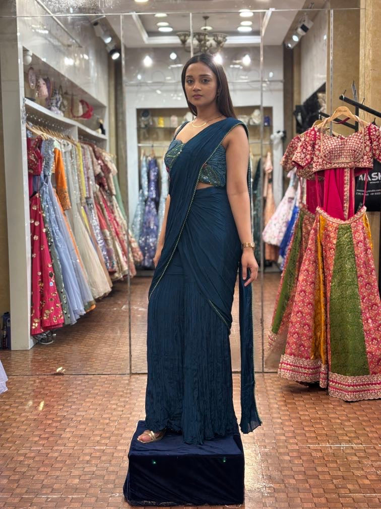 Peacock blue drape saree