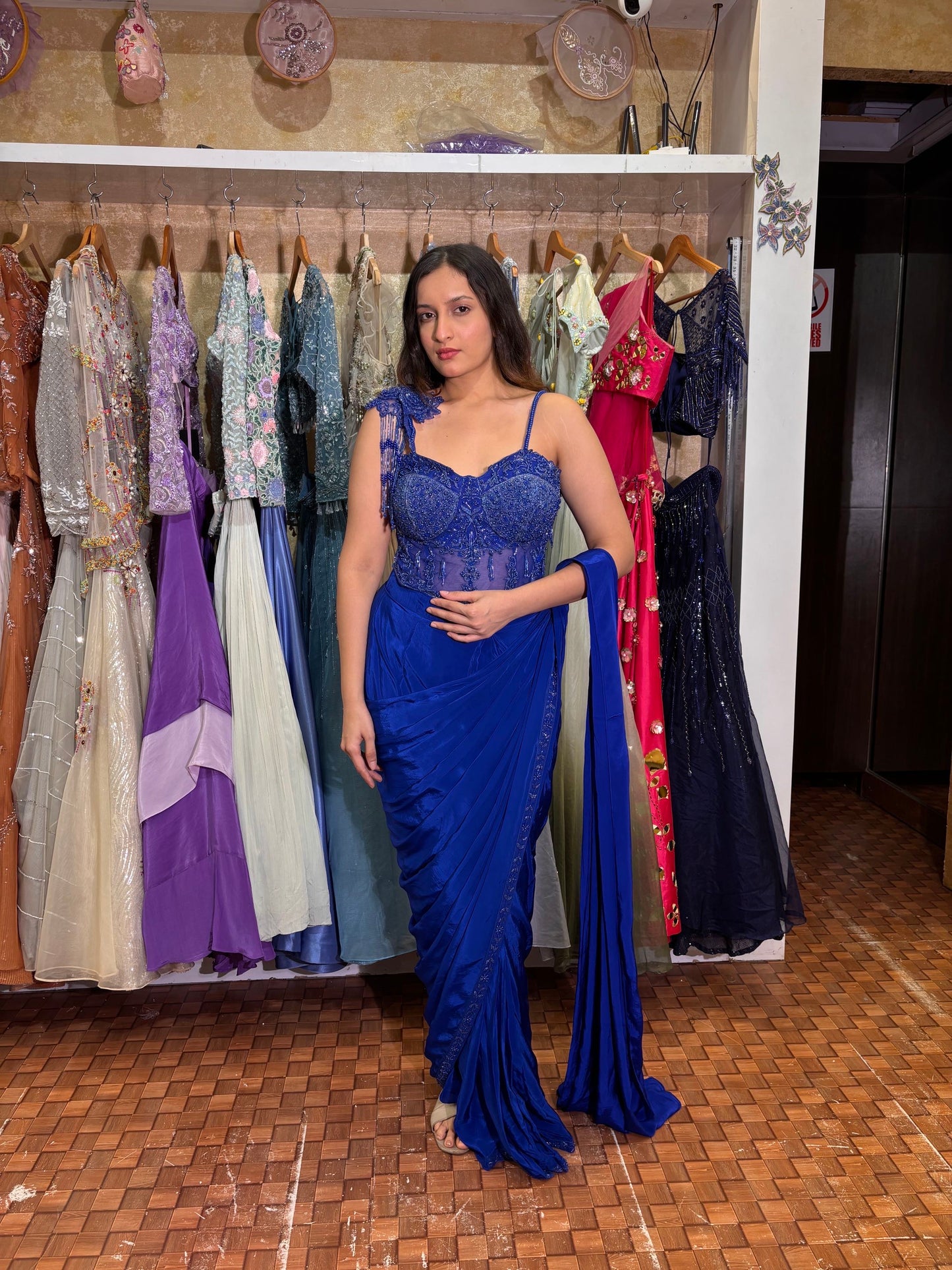 Electric Blue Corset Saree with Beads & Cutdana Work