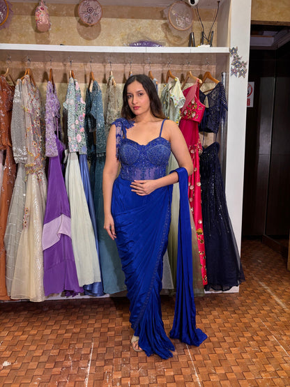 Electric Blue Corset Saree with Beads & Cutdana Work