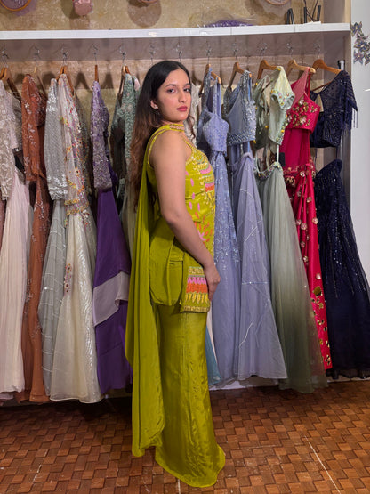 Parrot Green Plazo Set with Embroidered Kurti & Dupatta