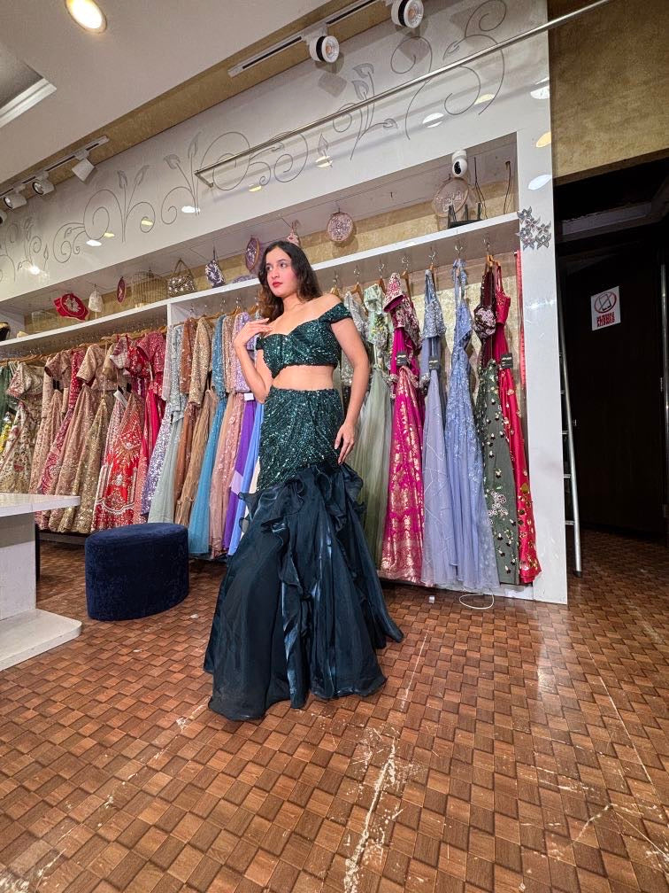 Botal green fish cut lehenga