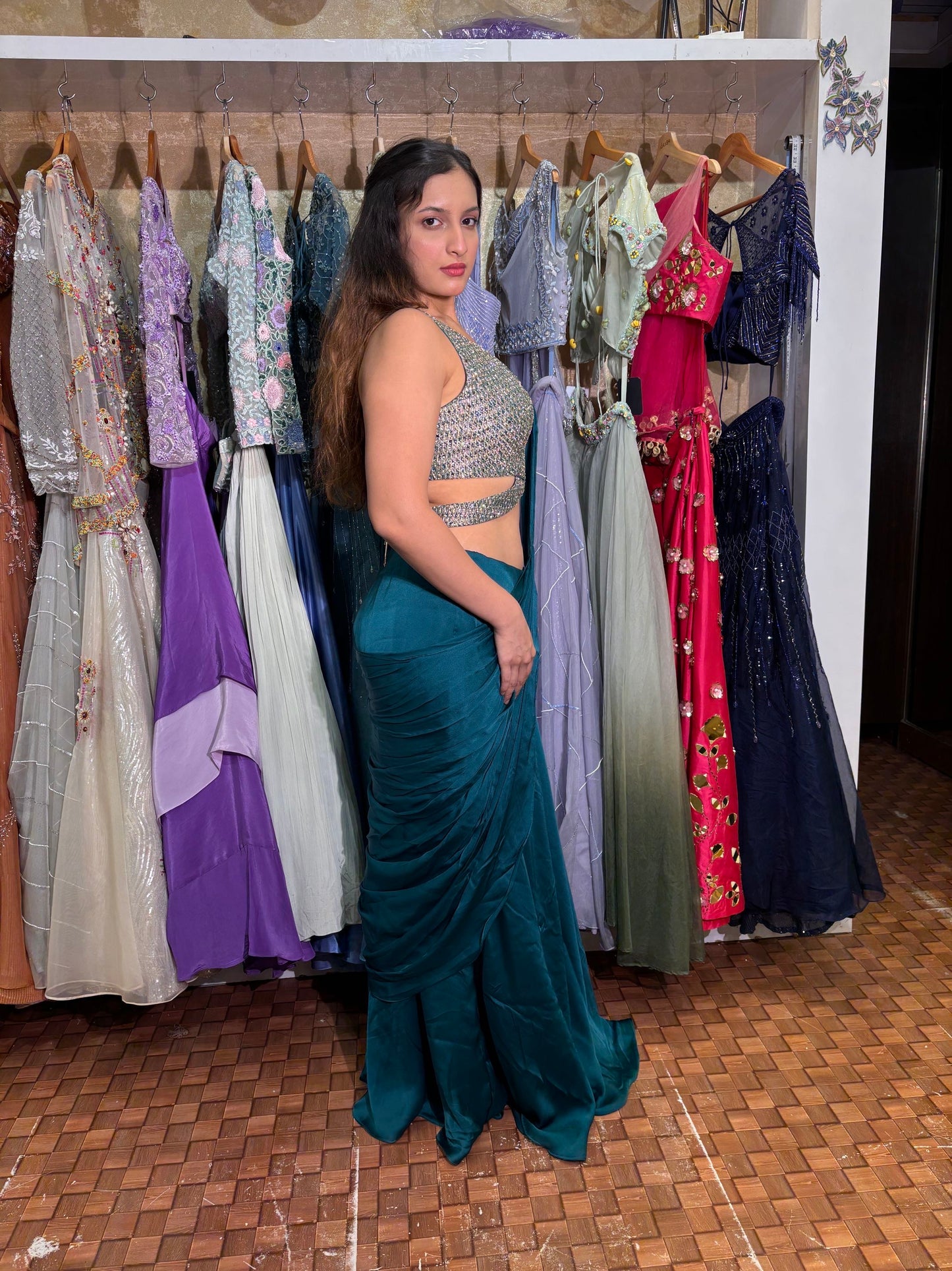 Emerald Teal Satin Silk Saree with Mirror Work Blouse