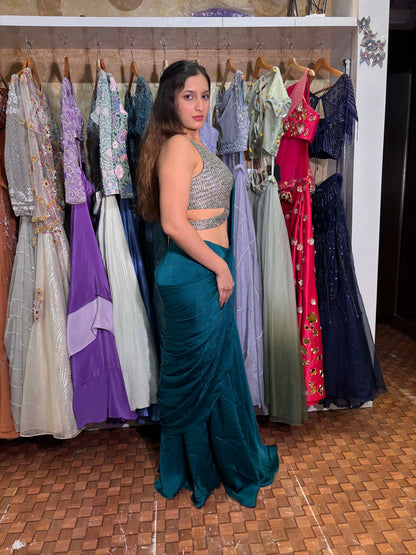 Emerald Teal Satin Silk Saree with Mirror Work Blouse