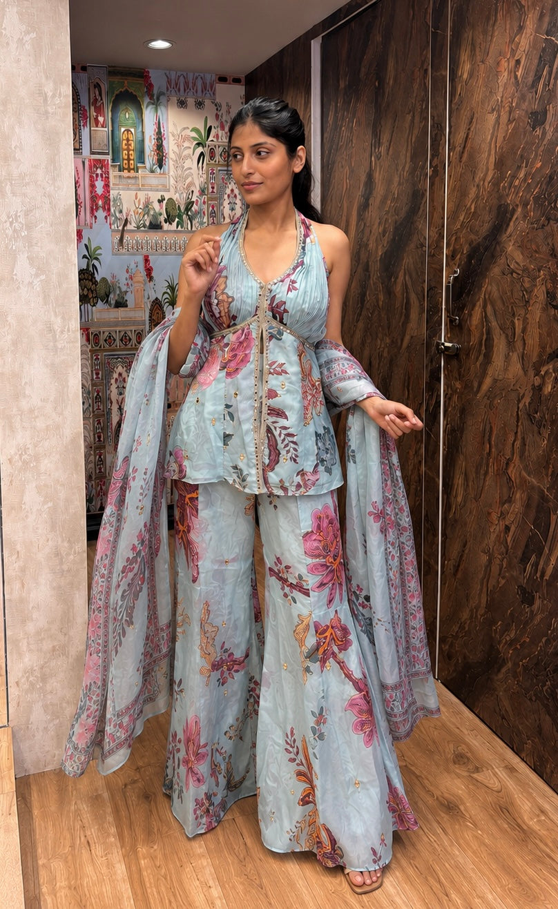 Ocean Blue Digital Print Peplum Palazzo Set