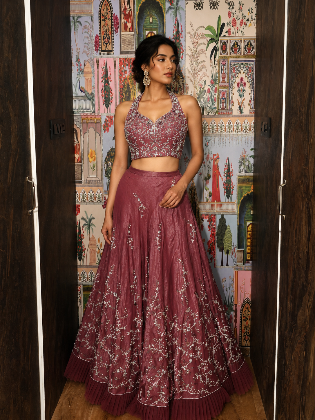 Rosewood Hand-Embroidered Glass Organza Lehenga Set