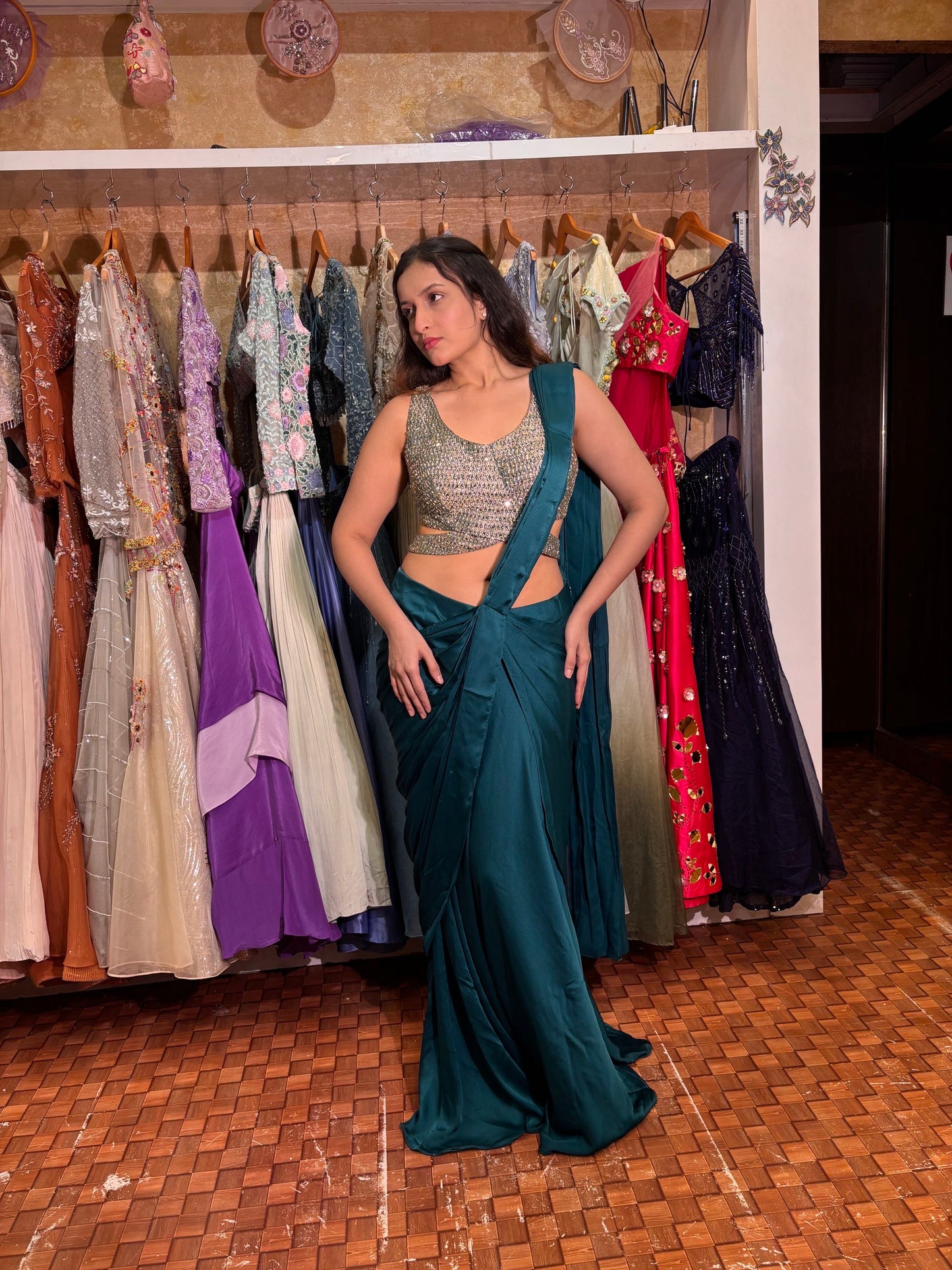 Emerald Teal Satin Silk Saree with Mirror Work Blouse